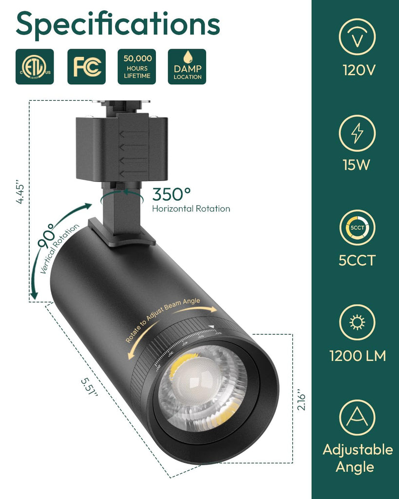 15W J Type Track Lighting Heads 1200LM, Adjustable Beam Angles 20° 30° 40° 50° 60°, 2700K 3000K 3500K 4000K
