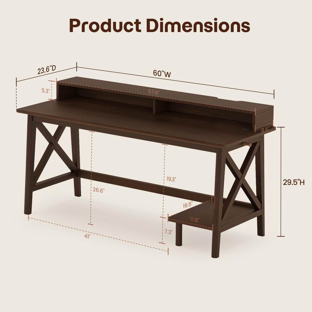 Solid Wood Computer Desk - 60 inch Modern Work Study Table, Walnut
