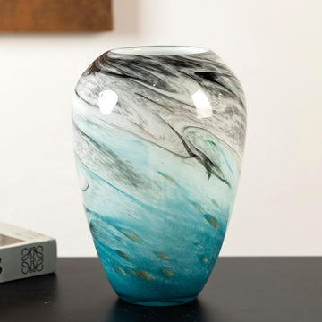 11" H Teal Glass Vases for Flowers, Unique Hand Blown Glass Vase Blue Home Decor, Wide Mouth Colorful Flower Vase