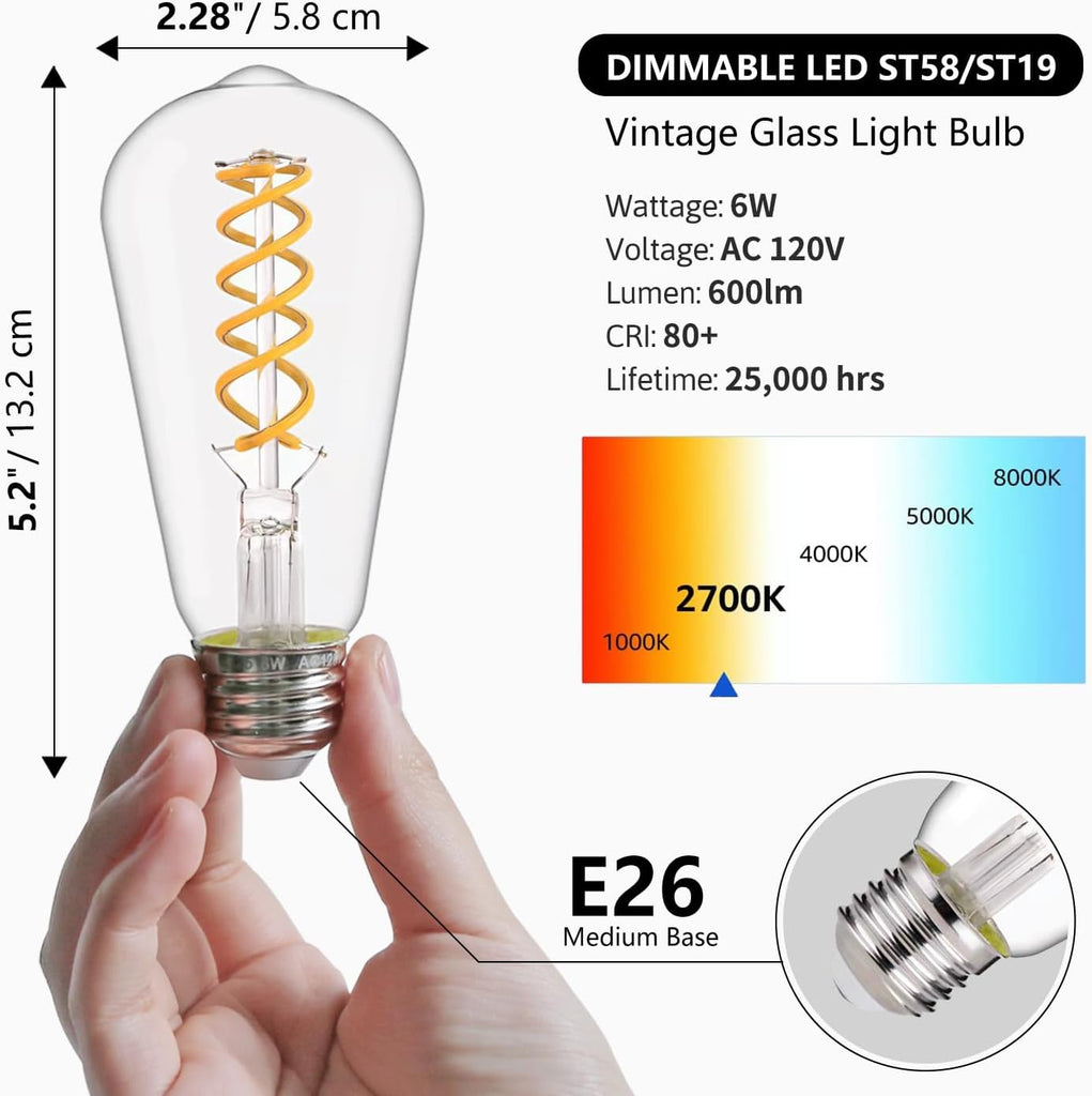 ST58 Dimmable LED Edison Light Bulbs, 2700K Clear Glass, 6 Pack