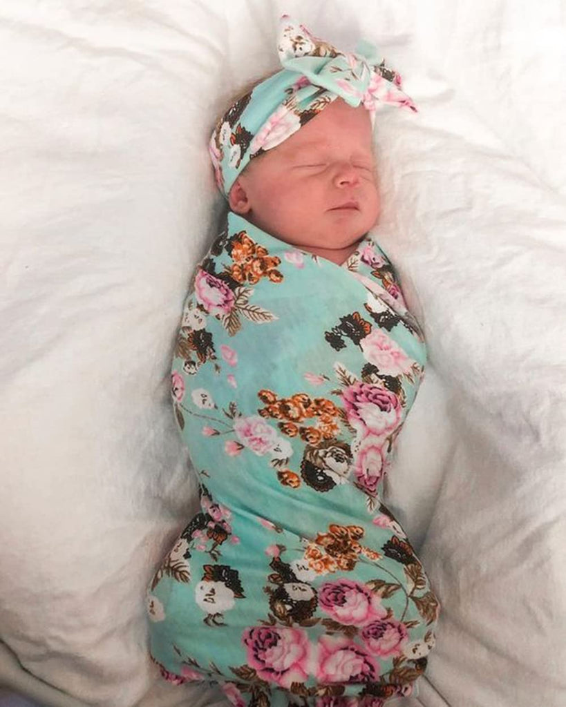 Floral Receiving Blankets 3 Sets Baby Swaddling with Bow Headbands Swaddle Wrap Toddler Warm Shower