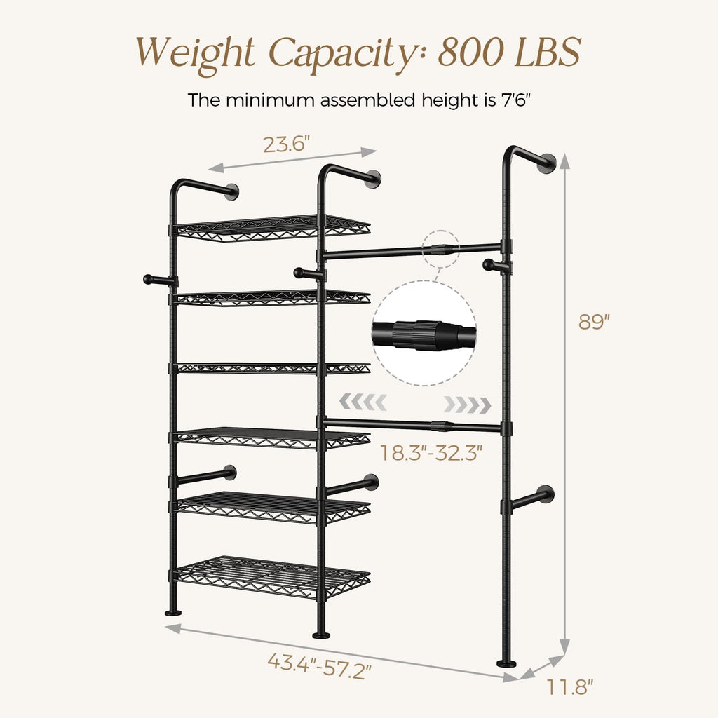 Wall Mounted Closet System, Heavy Duty 2-Row Clothes Rack, Expandable Industrial Pipe Closet Organizers and Storage