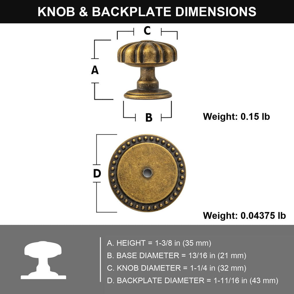 Antique Brass Cabinet Knobs, Studded Backplates, 1-1/4", 6 Pack