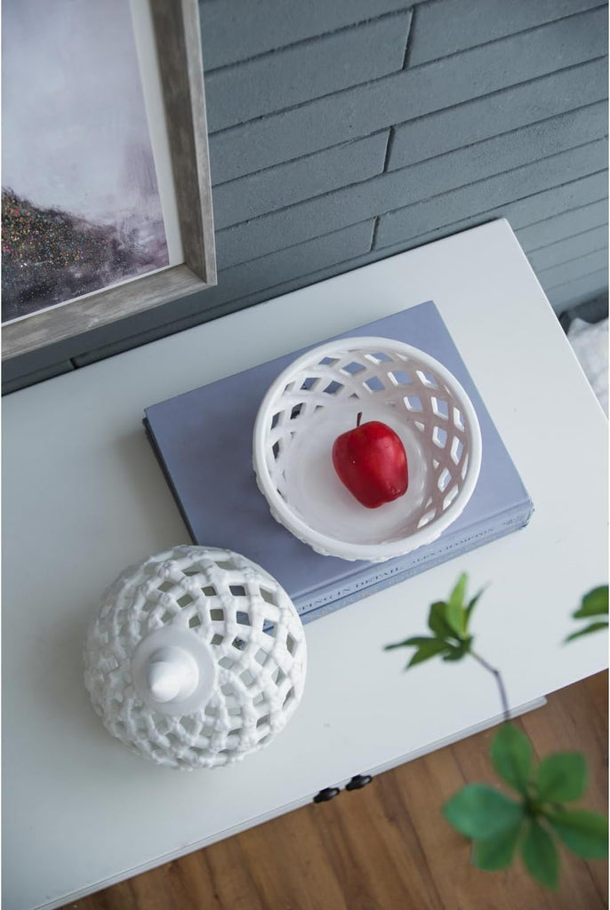 D8X9.5 White Ceramic Lidded Jar with Lattice Design - White - Delicate Lattice Design with Tiny Flowers - Tabletop