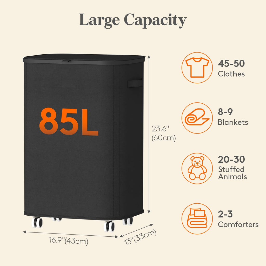 85L Large Laundry Basket with Wheels and Lid, Black