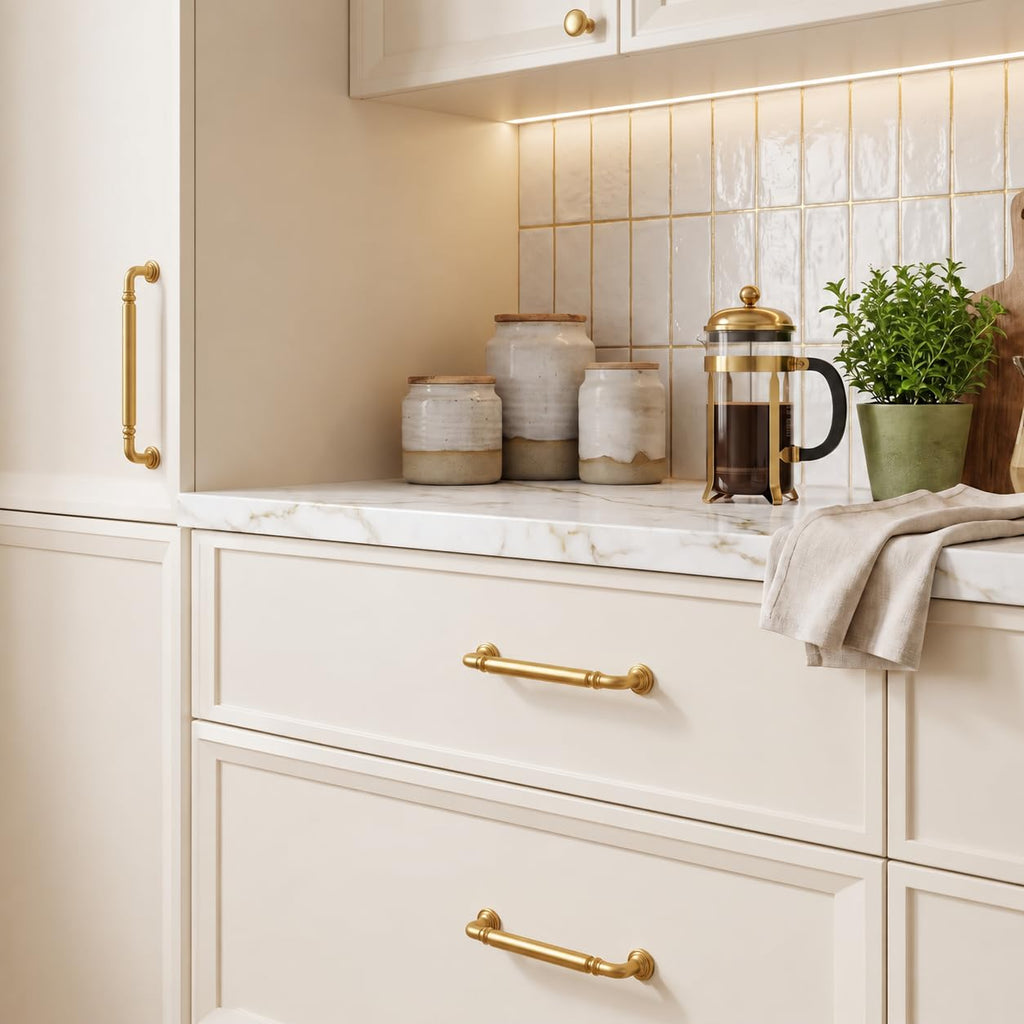 10-Pack 3-3/4-Inch Vibrant Brushed Moderne Brass Cabinet Pulls