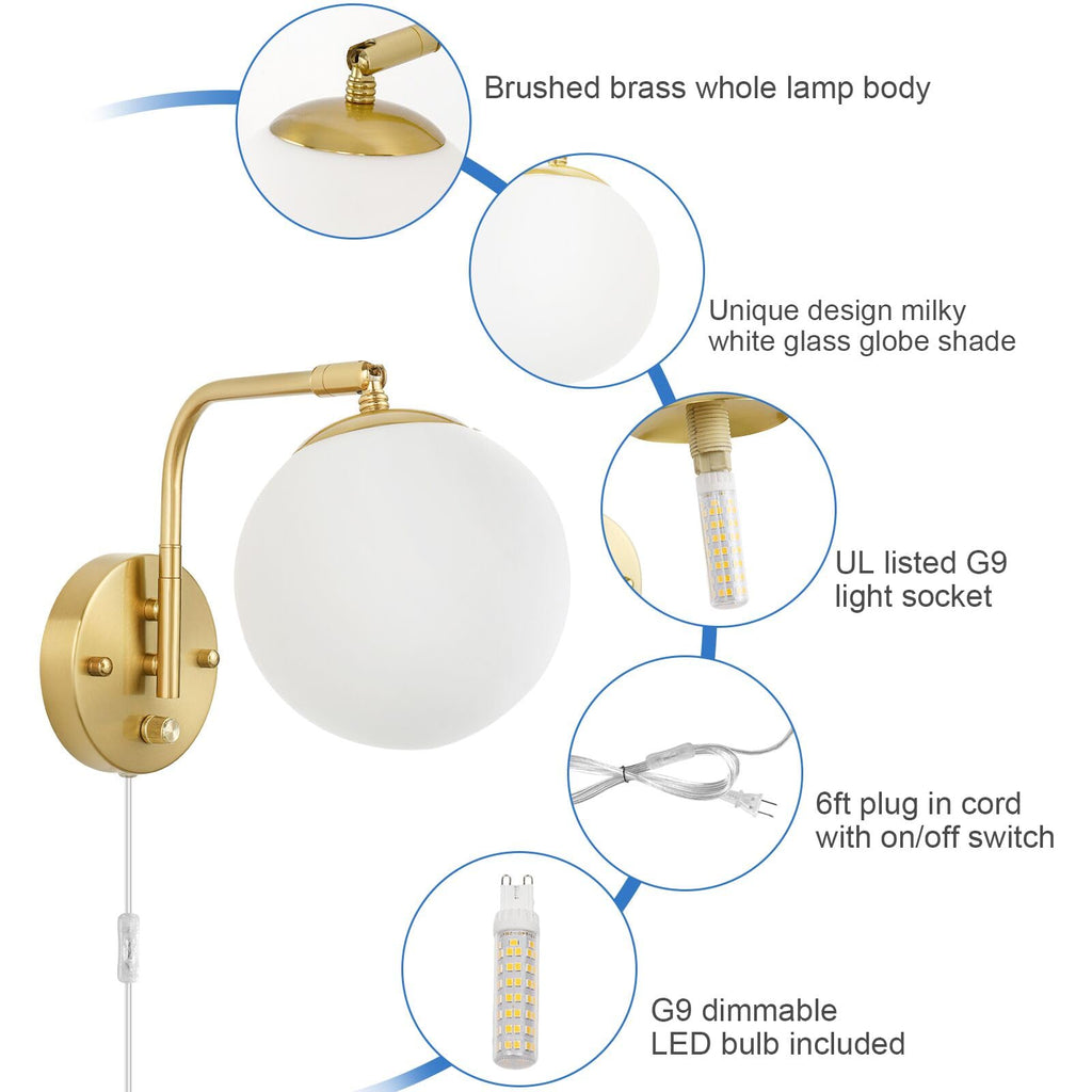 Dimmable Wall Sconces Plug in, Swing Arm Wall Lights with Plug in Cord and Dimmer On/Off Knob Switch, Dimmable Wall