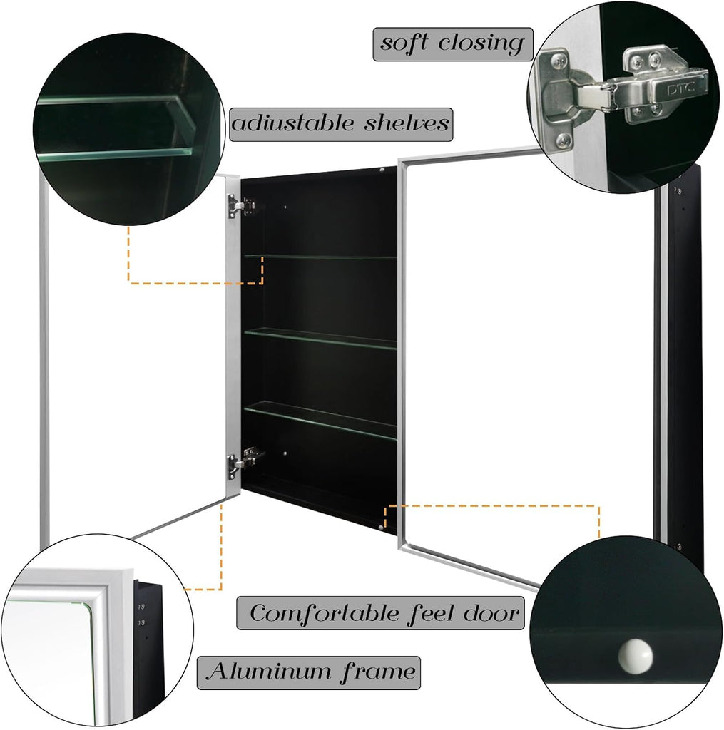 36" x 32" Large Medicine Cabinet with Mirror, Silver Aluminum Framed Bathroom Vanity Mirror Cabinet, Double Door