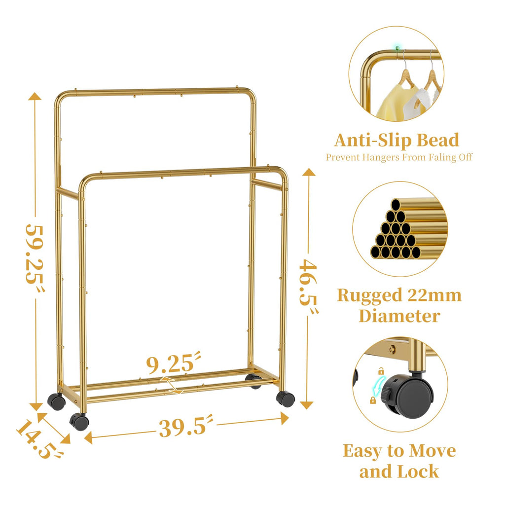 Trending Clothing Clothes Rack Double Rods with Wheels, Rolling Metal Garment Rack for Hanging, Gold