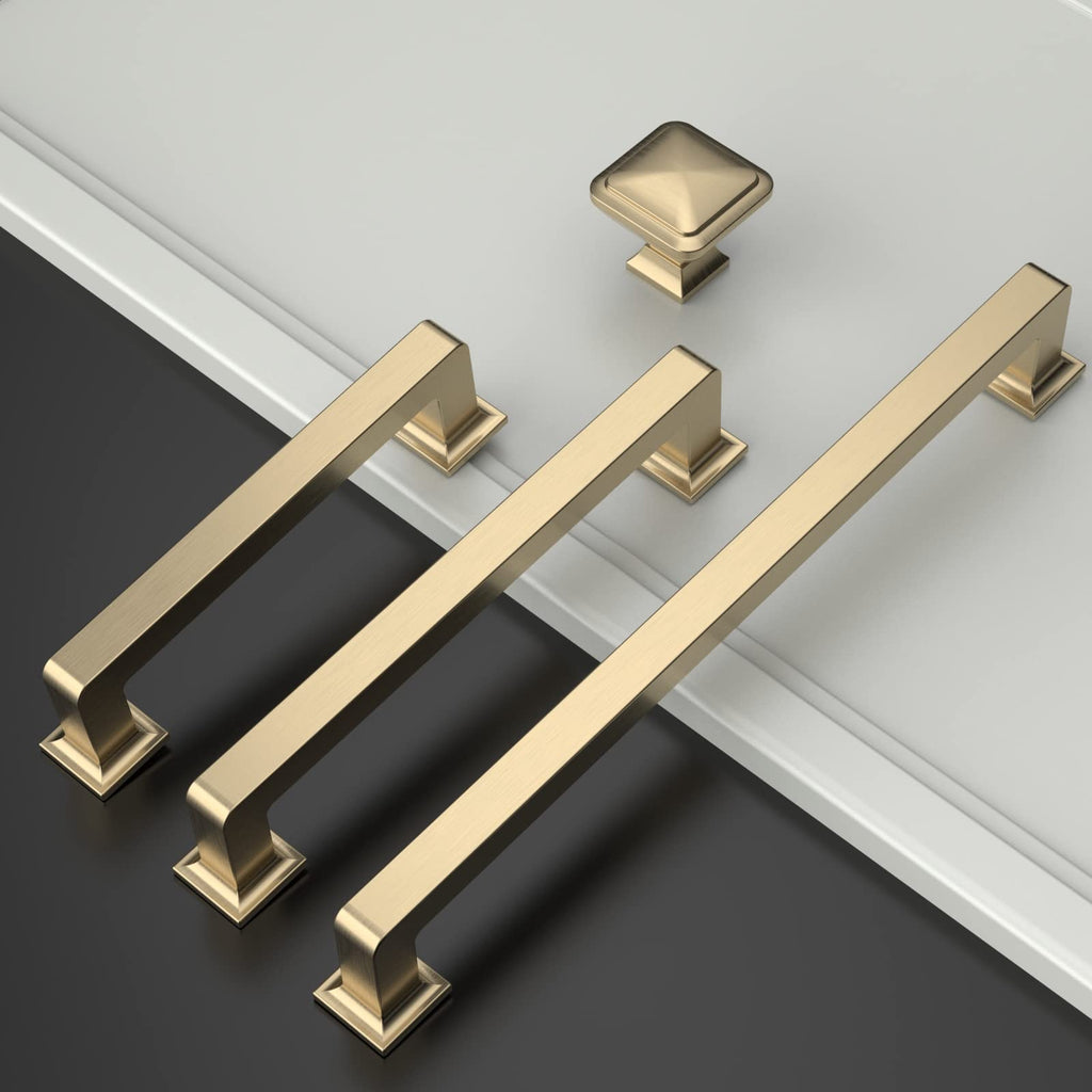 15 Pack Brushed Brass Square Kitchen Cabinet Knobs and Pulls - Gold Drawer Hardware - Single Hole ZH0019