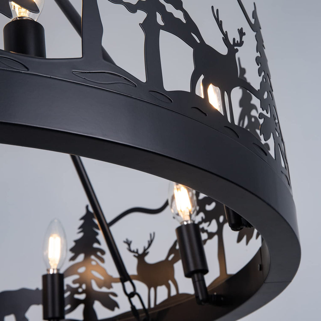 Rustic Forest Wagon Wheel Chandelier - 8-Light Black Iron with Pine Tree, Bear & Deer Silhouettes, W30" x H24"