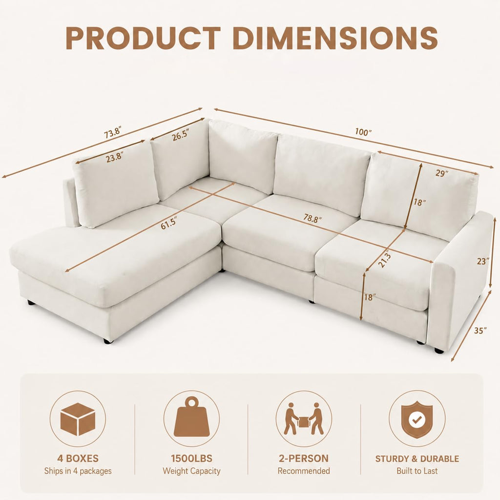100" L-Shaped Sectional Couch with Reversible Deep Chaise, Beige