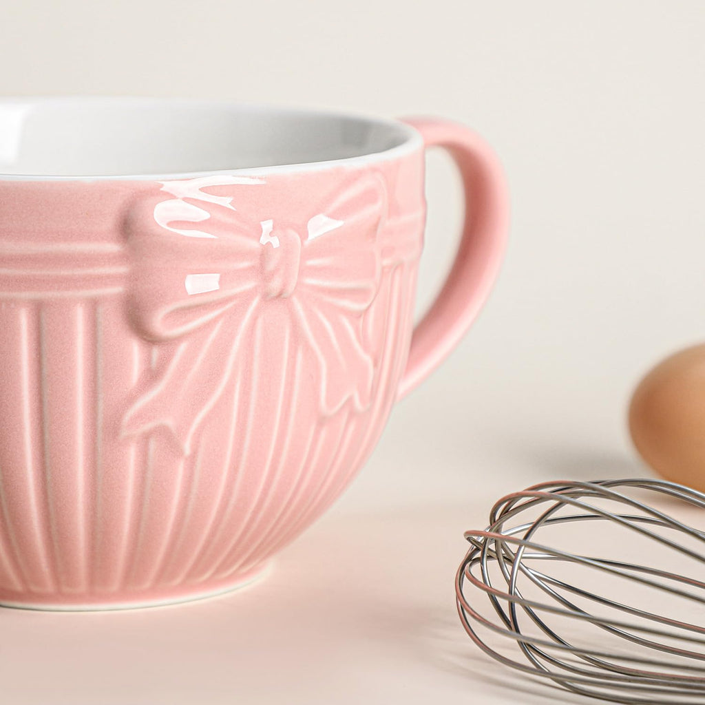 Bow Embossed Ceramic Mixing Bowl, 1 Quart Batter Bowl with Pouring Spout and Handle
