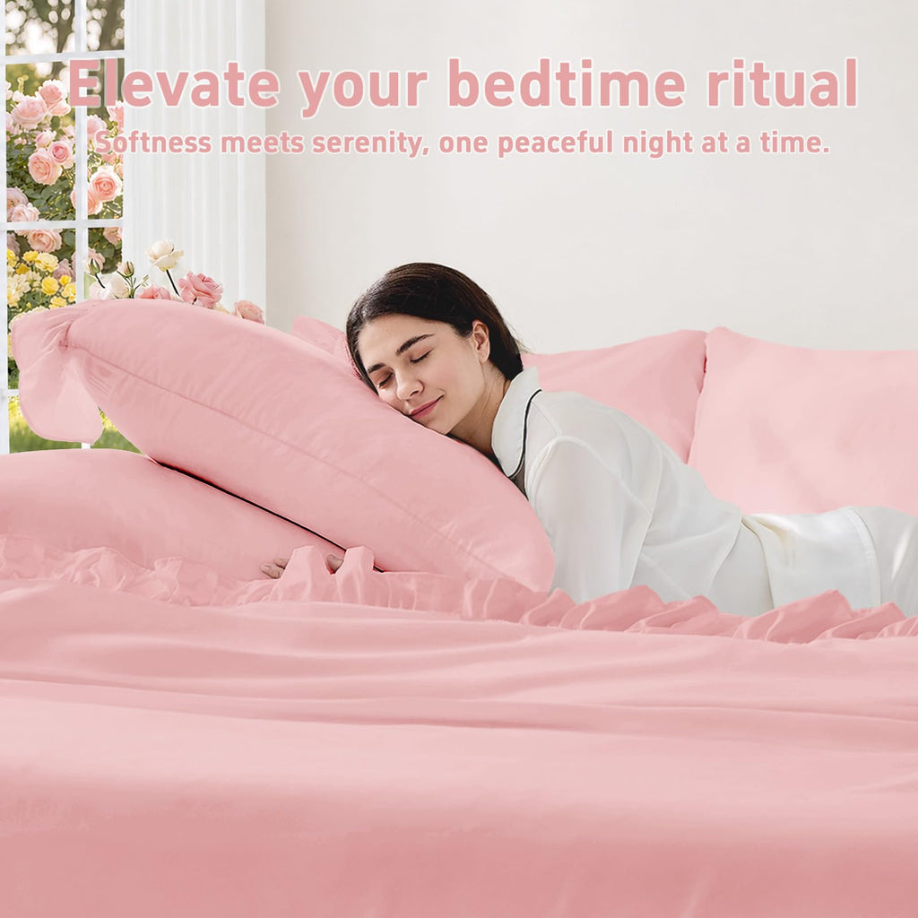 Sheet Set 4 Pieces - Pink Sheets with 4-Inch Ruffles Bed Skirt
