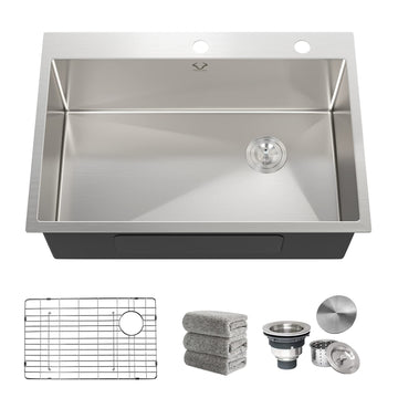 30 x 22 Inch Drop-In Top Mount 16 Gauge Deep R10 Single Bowl 2-Hole Stainless Steel and Accessories (Pack of 4)