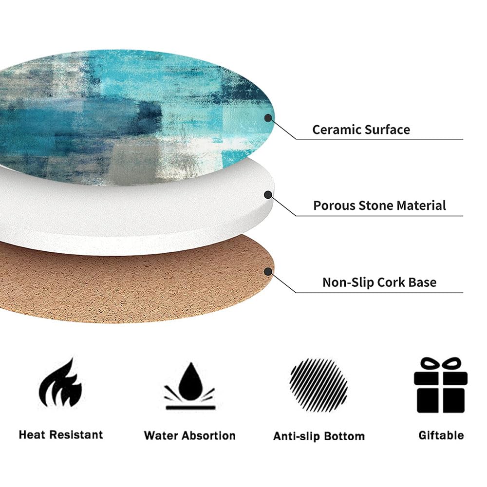 Coasters for Drinks, Round Absorbent Ceramic Stone Coaster Sets of 6 with Metal Holder Stand, Turquoise and Grey