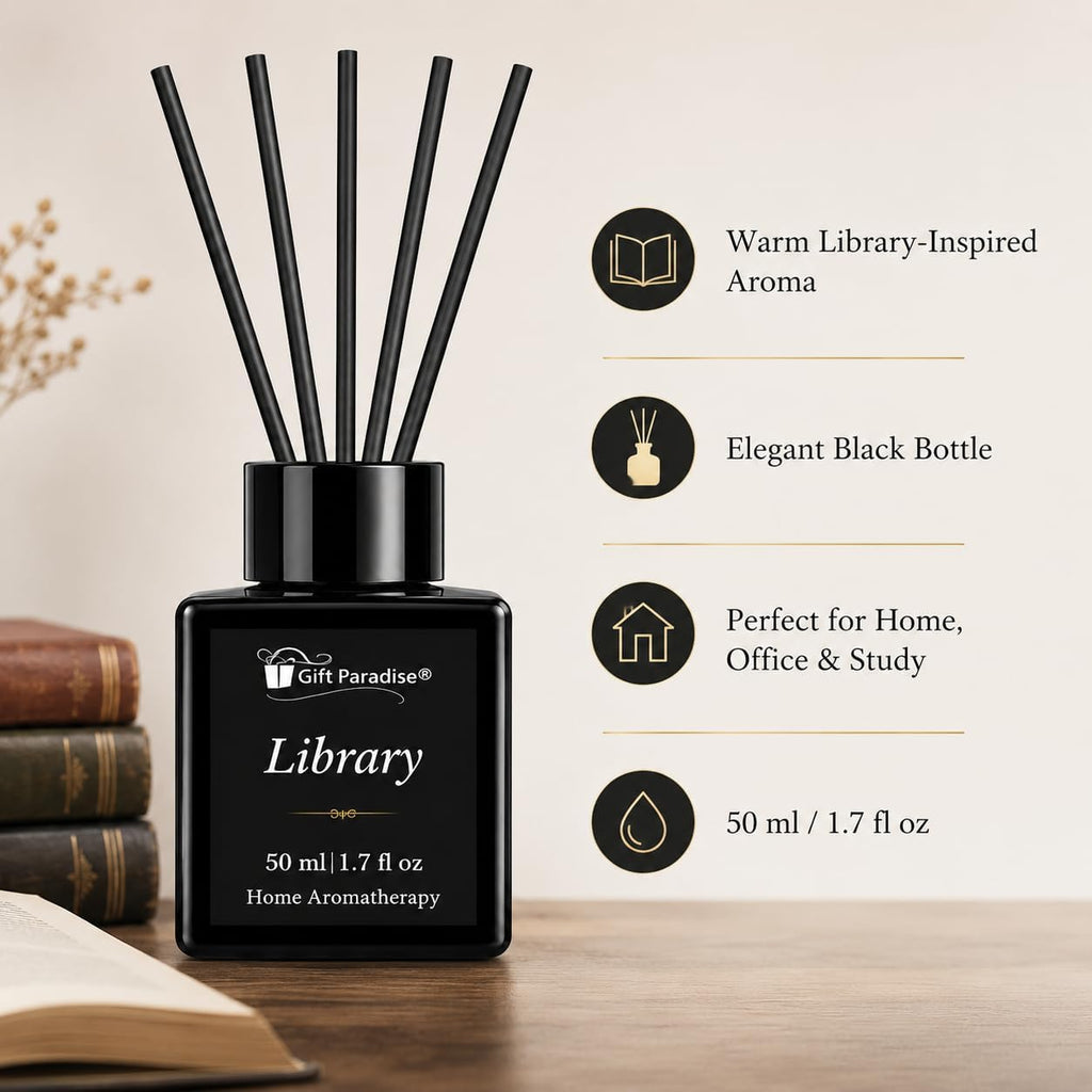 Library Luxury Reed Diffuser Set - 50 ml Scented Oil with Glass Bottle & Reed Sticks, Warm Woody Book-Inspired Home - Set of 17