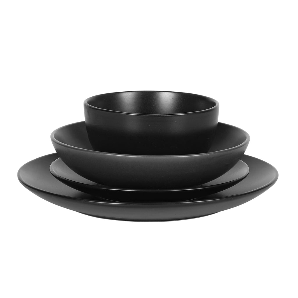 Queenslane 16-Piece Matte Black Stoneware Dinnerware Set - Double Bowl Plates and Bowls, Durable Kitchen Dinner Set