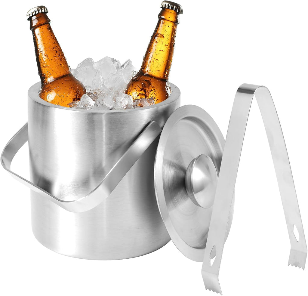 1.3L Stainless Steel Ice Bucket with Lid and Tongs, Small Double Wall Ice Pail Chill Container for Cocktails, Beer