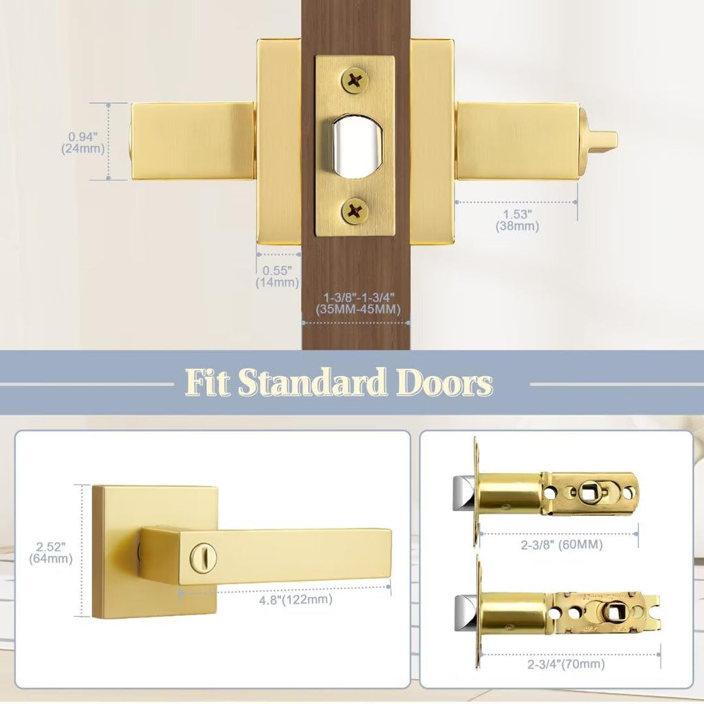 3 Pack Gold Privacy Door Handles Interior, Square Brushed Gold Door Handles , Reversible Door Lock Without Key