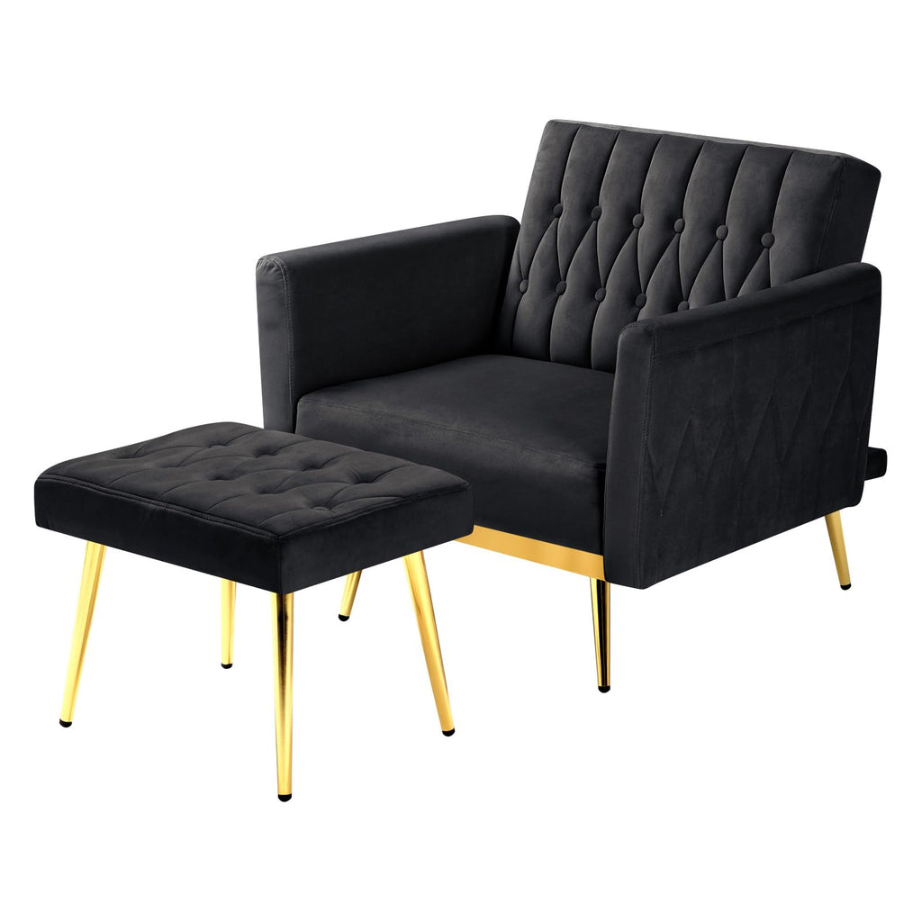 Velvet Accent Chair w/Ottoman & Adjustable Backrest, Black