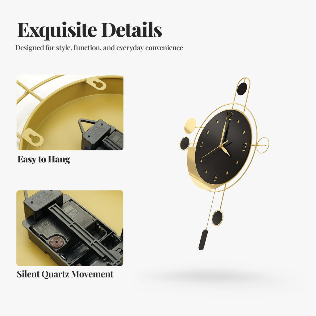 Modern Wall Clock Black Gold with Pendulum, Decorative Metal Clock