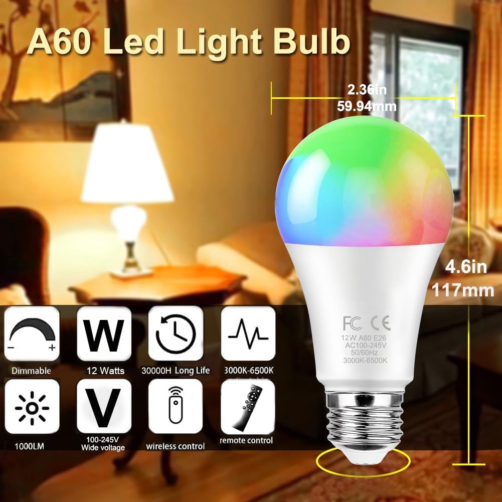 12W A60 Smart LED Light Bulb with a 2.4GHz Remote Control,RGBCW Color Changing,Stepless Dimmable 3000-6500K,100W
