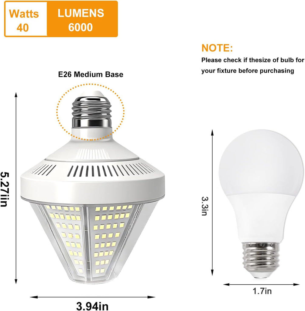 6000 Lumen LED Corn Cob Light Bulb, 40 watt, 400 watt Equivalent, 5000K Daylight Light, E26 E27 Base, Garage Light