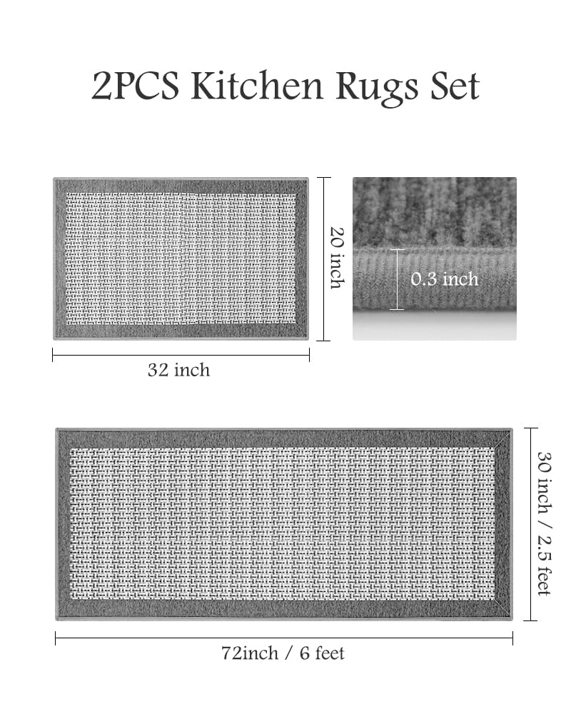Extra Large Kitchen Runner Rugs and Mats 2PCS, 2.5'x6'+20"x32", Grey