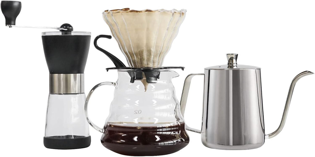 Pour Over Coffee Maker Set, Manual Coffee Kit with 600ml Gooseneck Kettle, Filter Holder, Glass Server & Paper