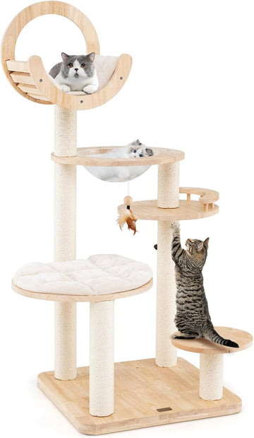 57 Inches Tall Wooden Cat Tree, Multi-Level Cat Tower with Scratching Posts, Space Capsule Bed, Padded Platform