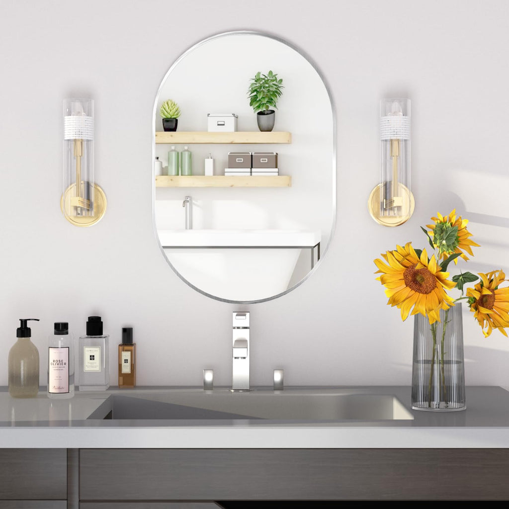 Oval Bathroom Wall Vanity Oval Mirrors, 20"x30" Silver Bathroom Mirrors for Over Sink Pill Mirrors Capsule Wall