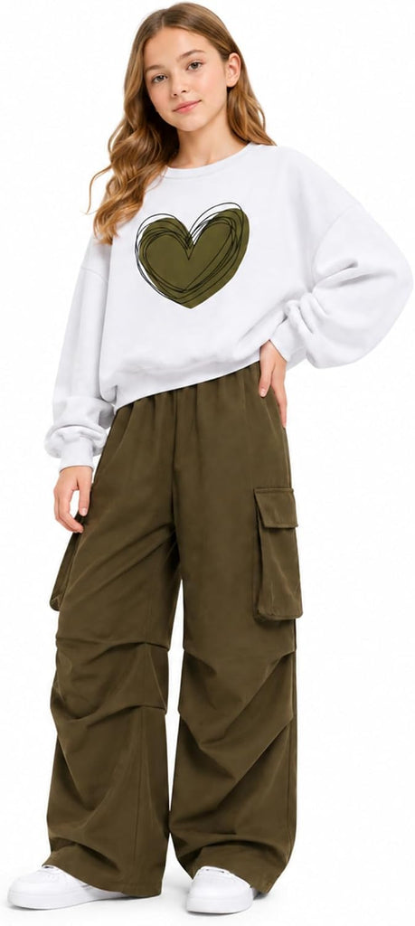 Girls 2 Piece Outfits Heart Print Sweatshirt and Cargo Pants Set, Casual Tracksuit School Daily Wear