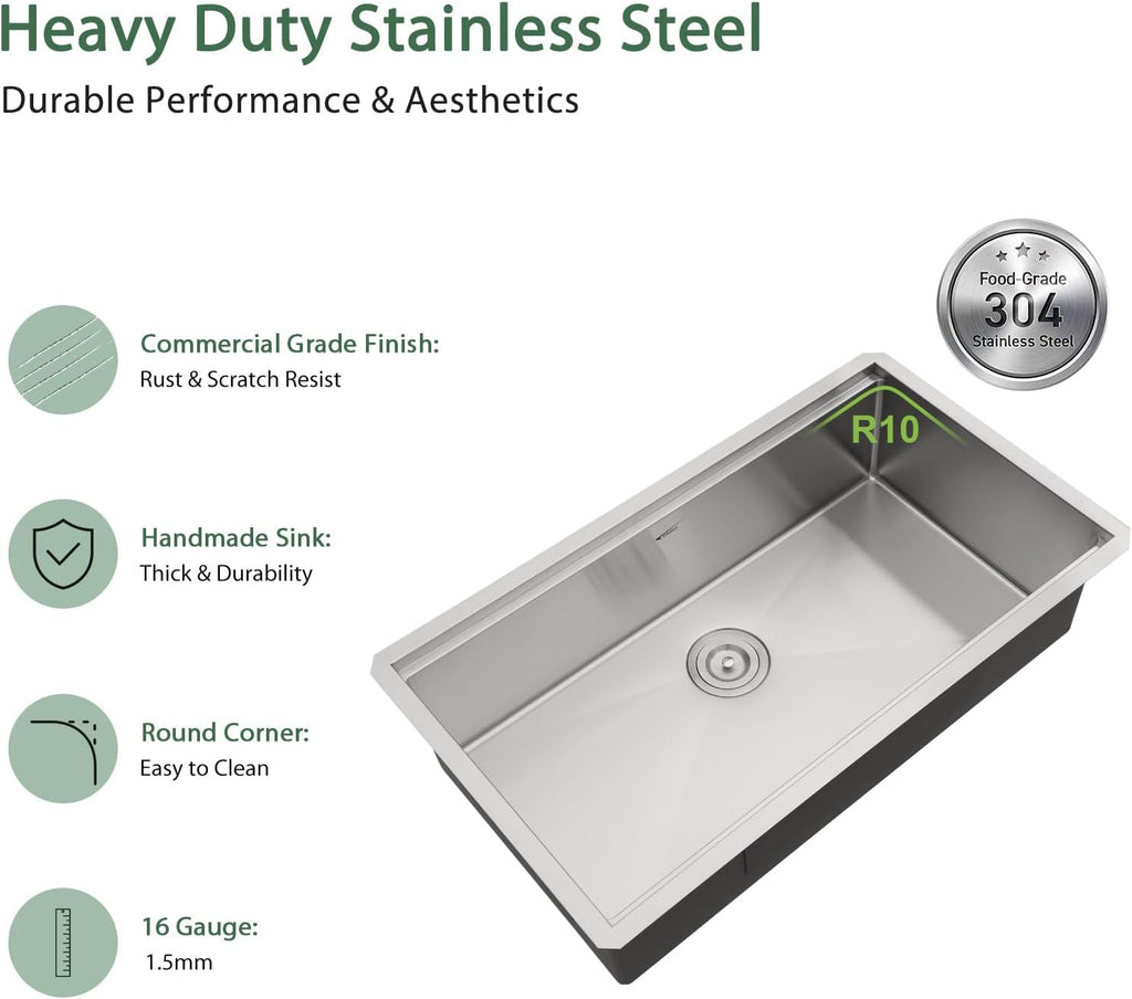 32 Inch Undermount Kitchen Sink Workstation with Accessories | 16 Gague Stainless Steel, Brushed Finish, Single Bowl