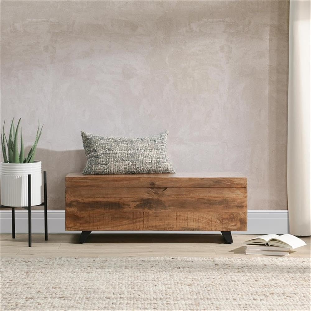 46" Mango Wood Storage Trunk, Natural Brown and Black Finish, Iron Legs, Soft Close Top, Functional Distressed