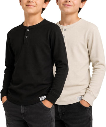 Boys Pack Thermal Long Sleeve Shirts Cotton Waffle Henley