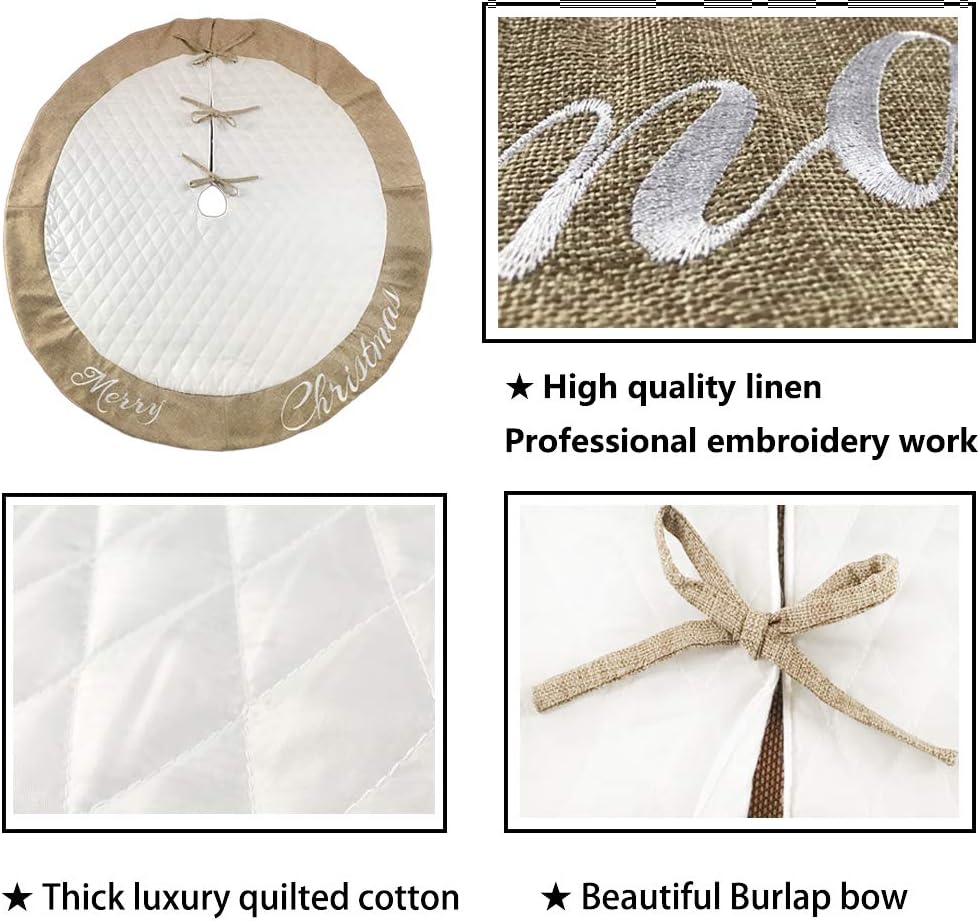 48 Inch Christmas Tree Skirt White Thick Luxury Quilted Cotton with Burlap Decoration for Merry Christmas Party