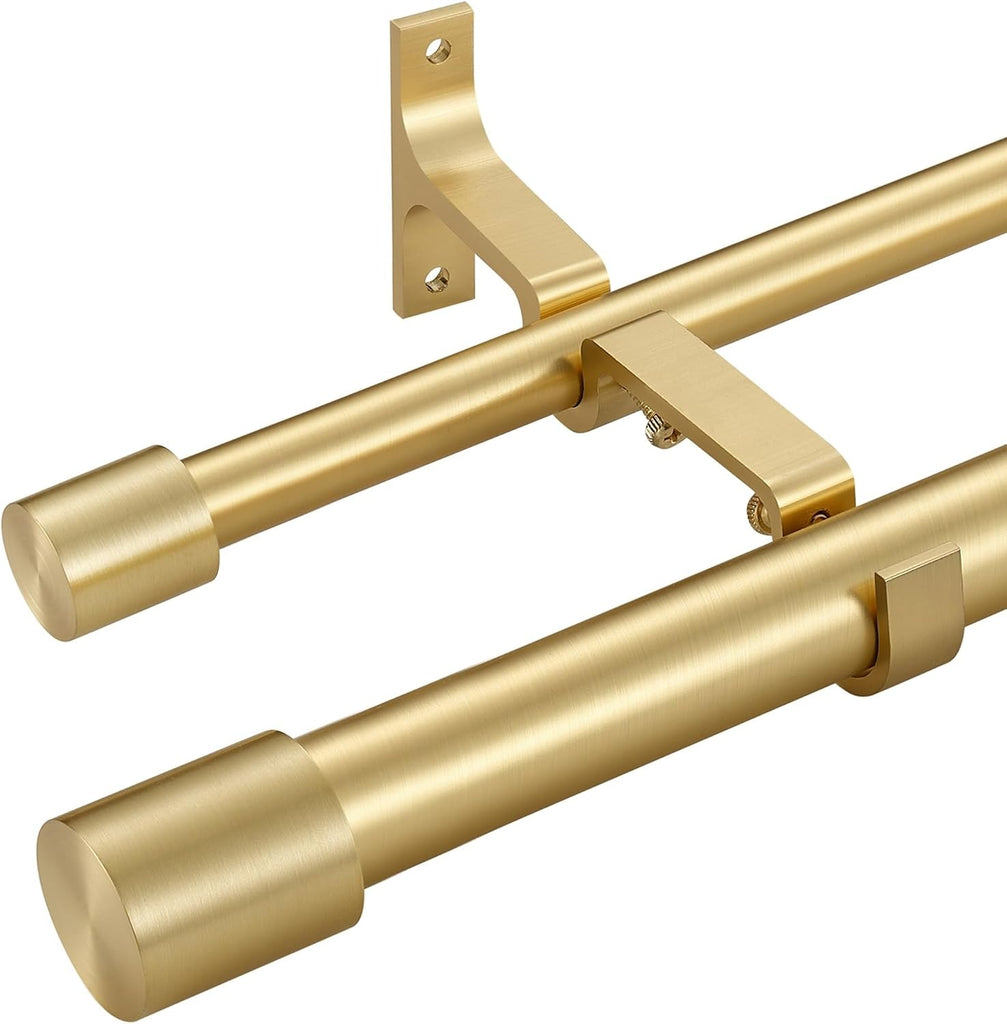 Brass Double Curtain Rods with Cap Finials, Double Curtain Rods 72-144", Adjustable Dual Curtain Rod Double Window