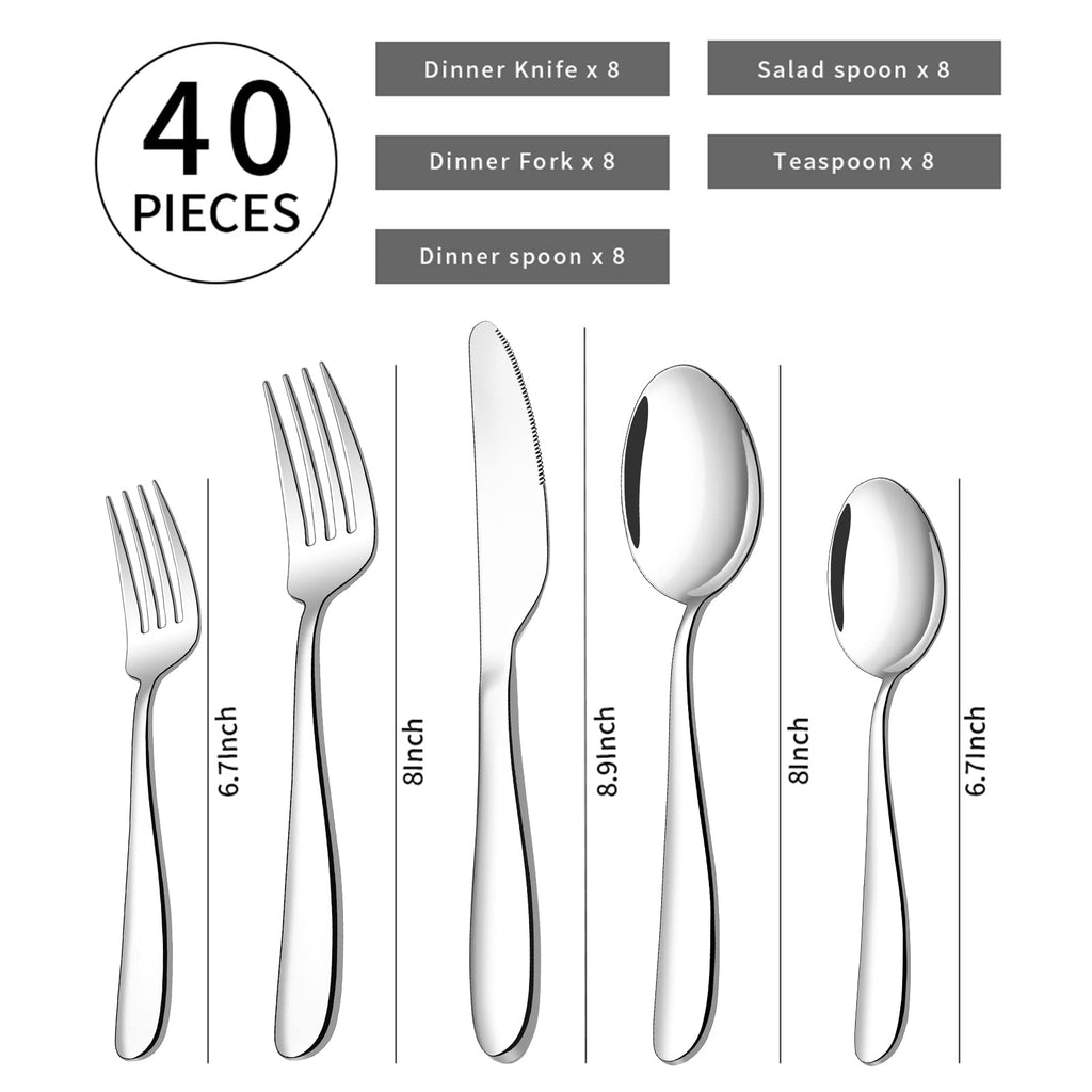 40-piece Silverware Set for 8, Stainless Steel Flatware Cutlery Set, Kitchen Utensil Tableware sets Include Spoon