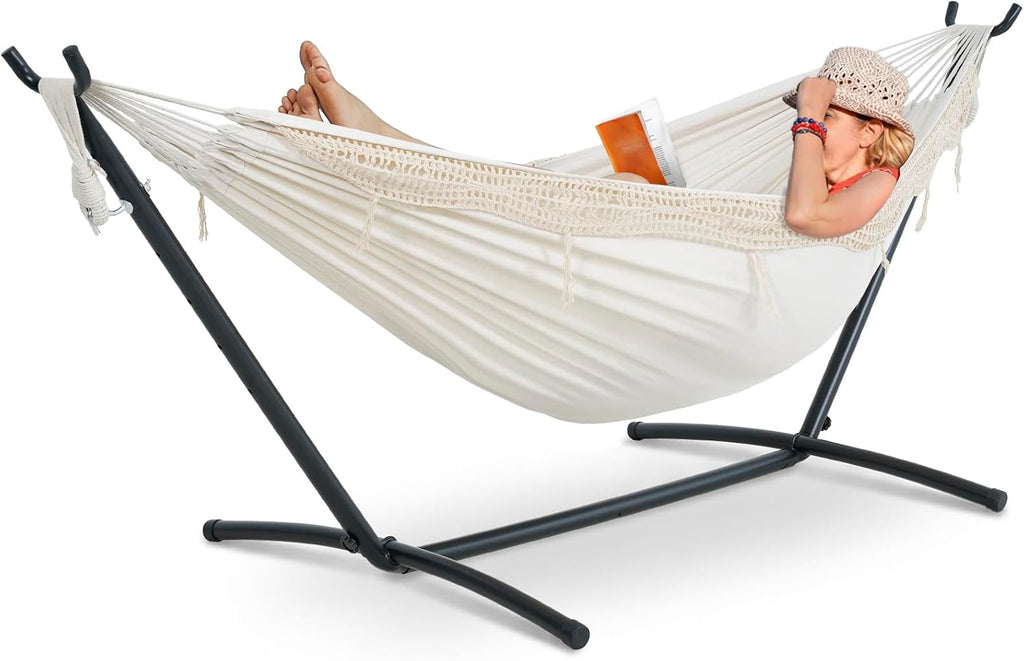 9FT Double Hammock with Sturdy Steel Stand and Durable Fabric, Camping Lace Hammocks Include Portable Carrying Case