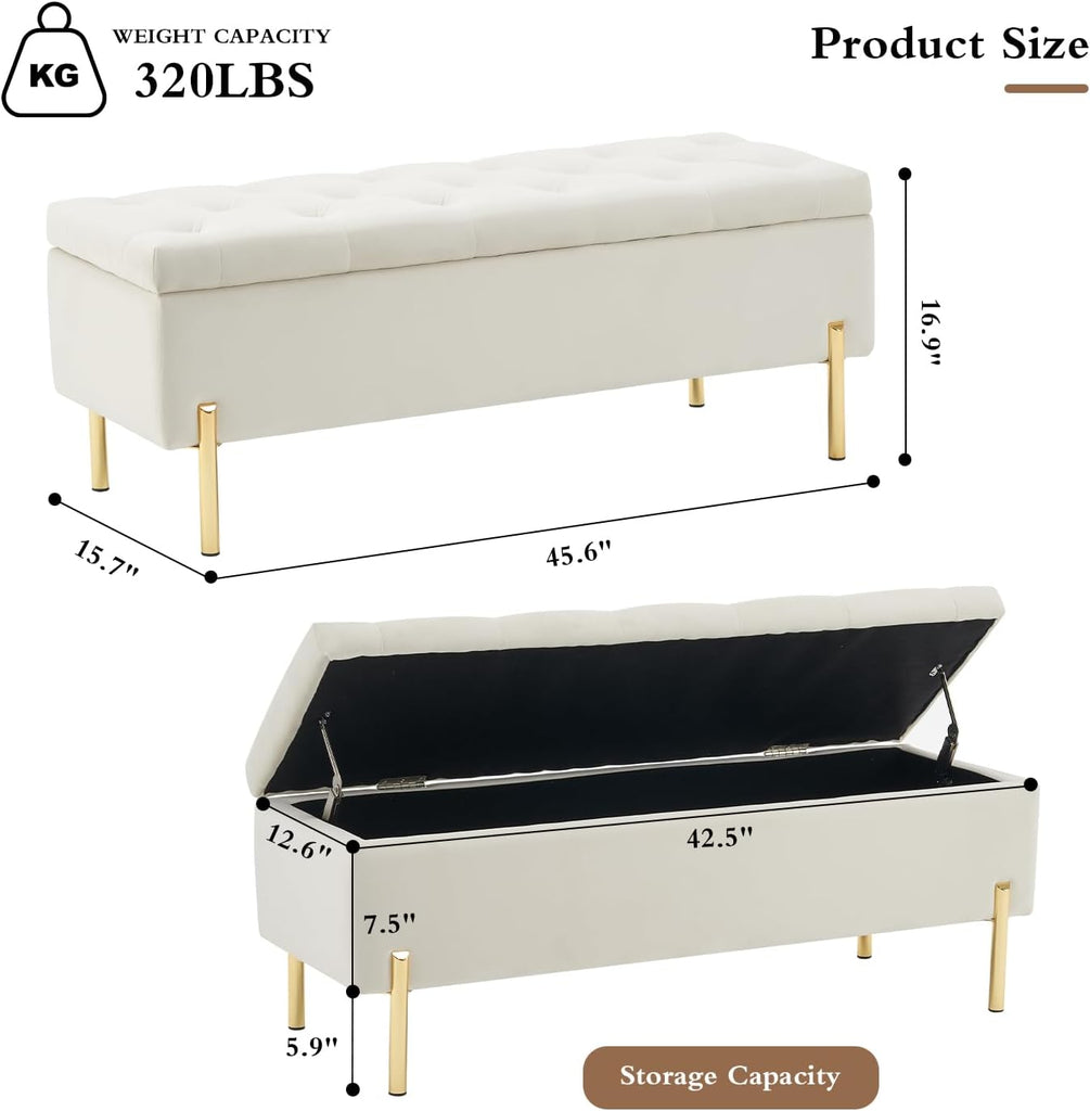 Ottoman with Storage Bech, Foot Rest Stool, 45.6 Inch Velvet Upholstered Storage Bench Tufted Settee, Folding Pouf