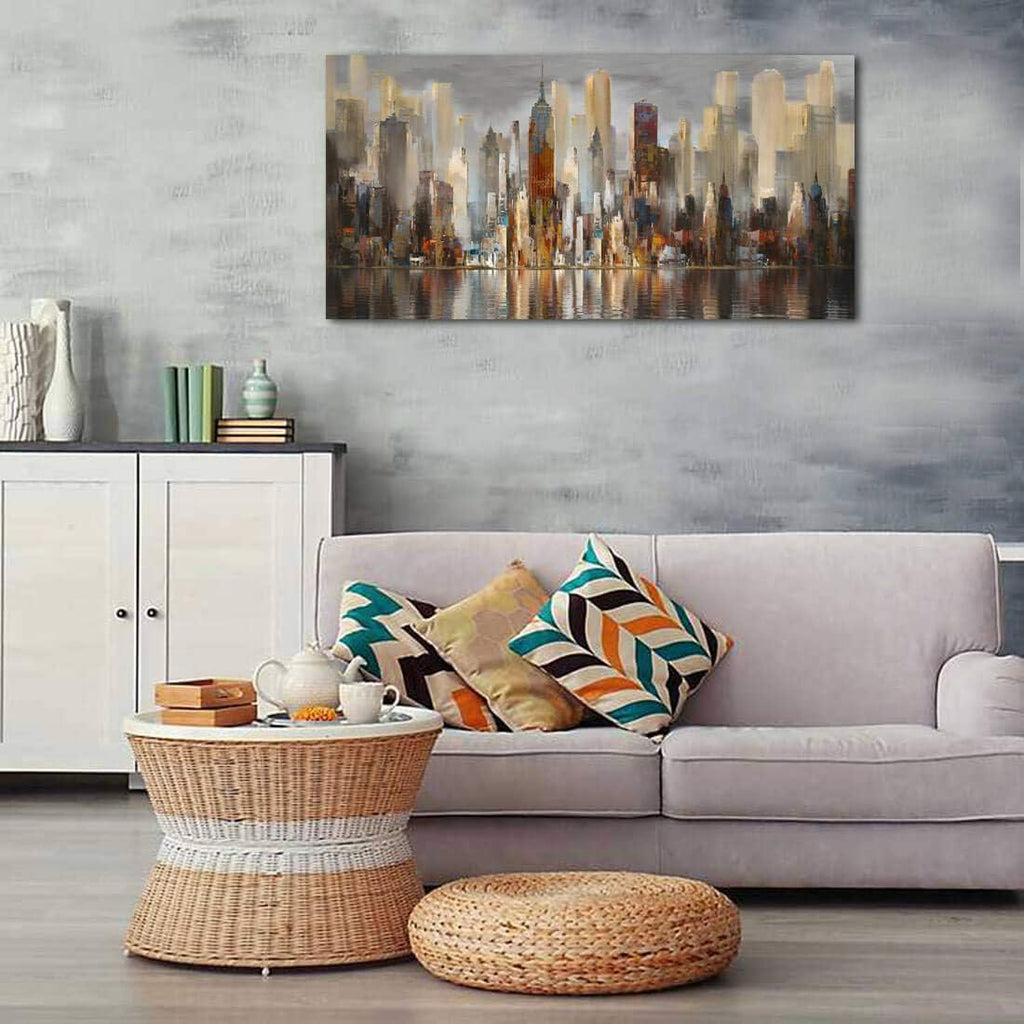 Framed Wall Art Large Cityscape New York Wall Decor Canvas Prints Abstract Brown City Theme Paintings Modern Canvas