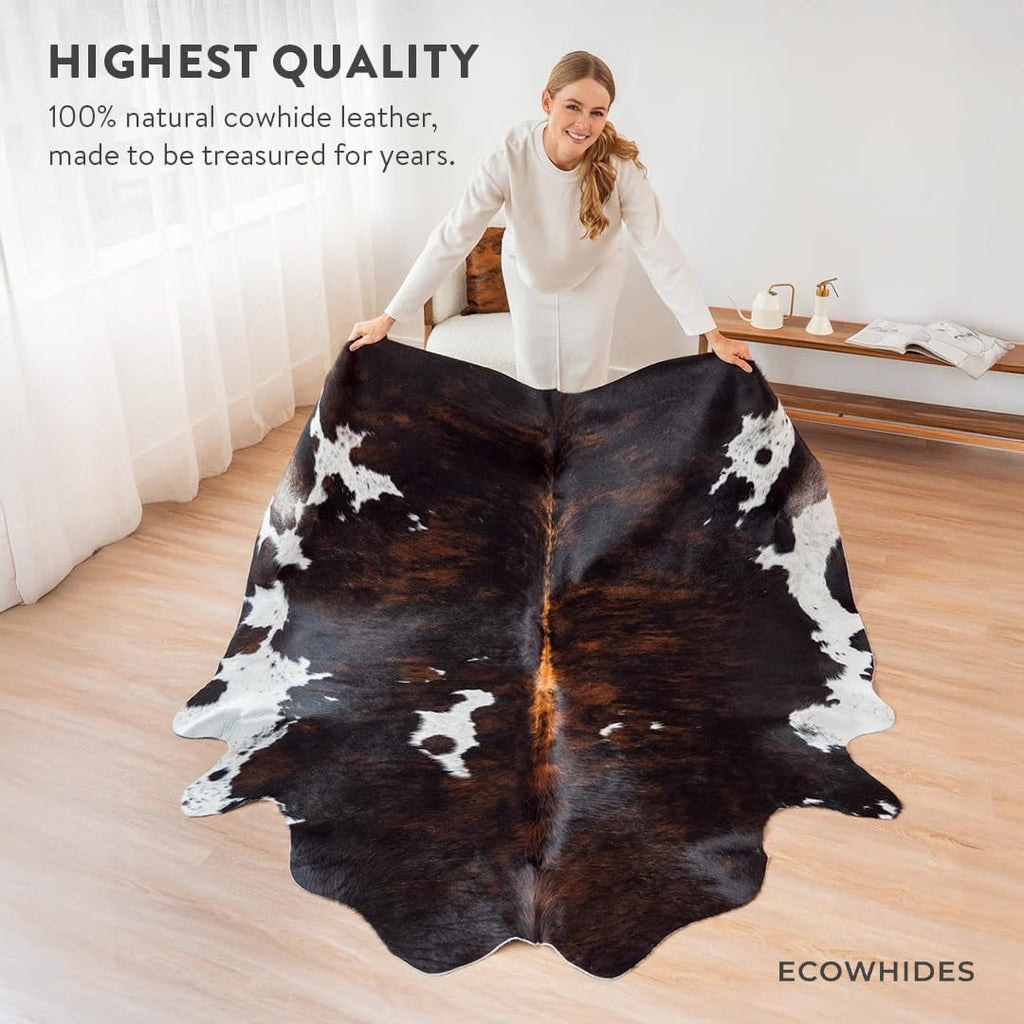 100% Genuine Brazilian Cowhide Rug - Dark Tricolor - Luxury Cowskin Leather Area Rug Décor 7 x 6 feet