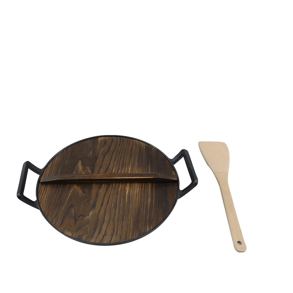Cast Iron, Pre-Seasoned Wok 14.5" with Wood Spatula and Lid