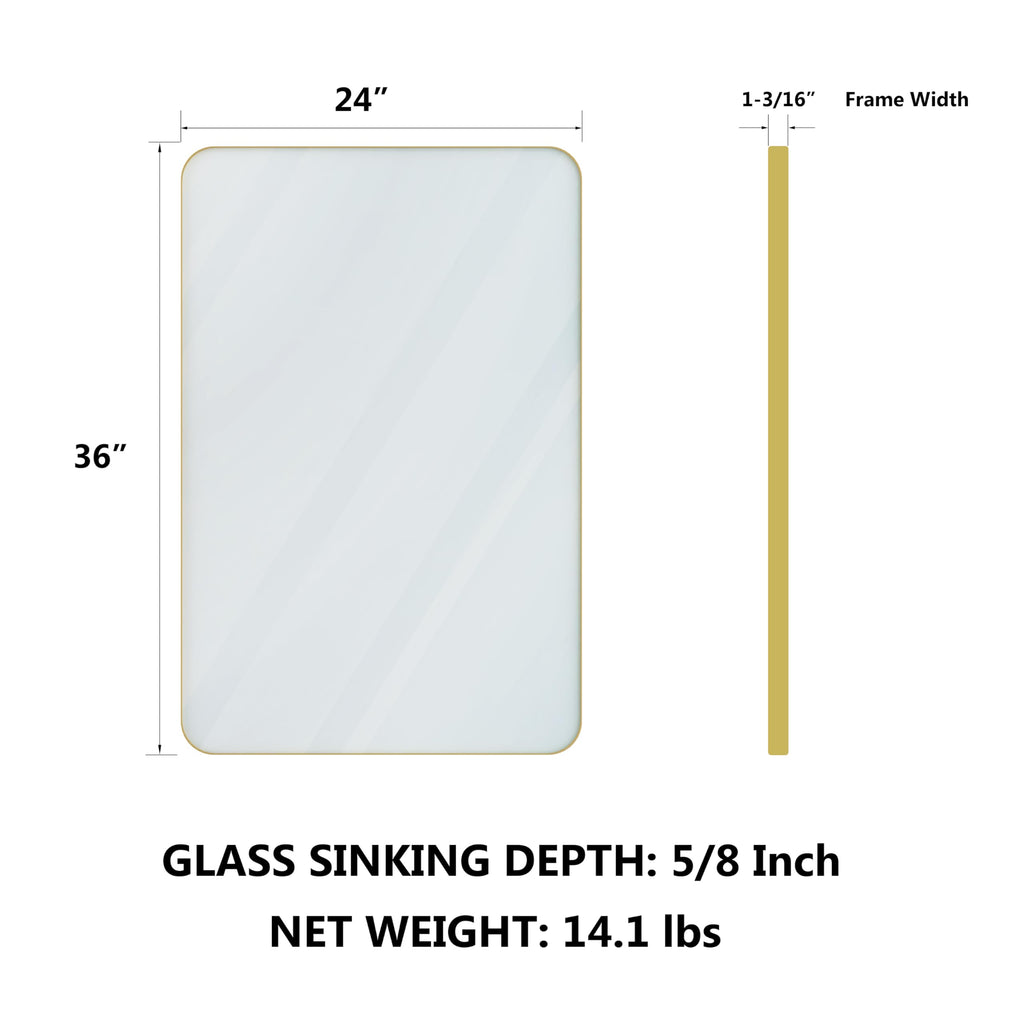 Gold Bathroom Mirror for Wall, 24 x 36 Inch Metal Framed Rounded Rectangle Vanity Mirror Modern Farmhouse, 1/4-inch