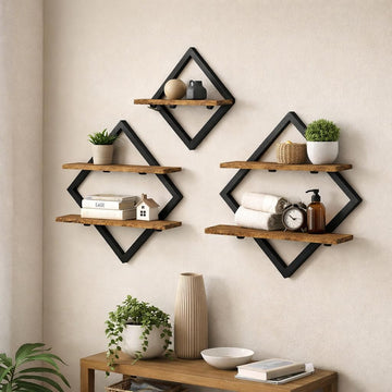 Floating Shelves Shelves on Wall Set of 3, 2-Tier Hanging Wall Mounted Shelves Decorative Wooden Wall, Hanging Wall
