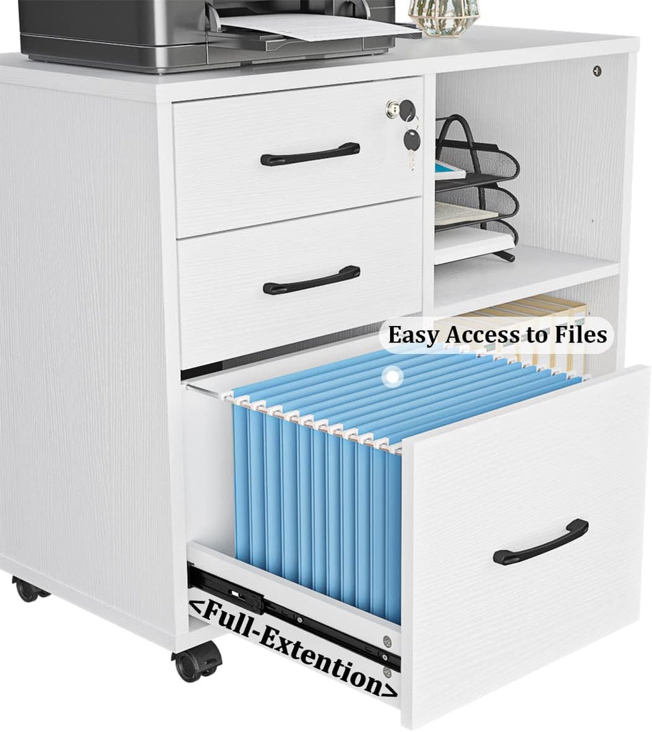 3 Drawer Office File Cabinets, Mobile Lateral Printer Stand with Open Storage Shelf, Rolling Filing Cabinet with