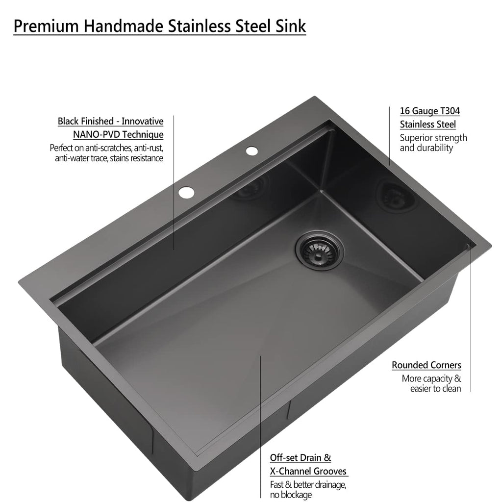 33 Inch Black Drop Sink Offset Drain, 33x22 Drop In Workstation 16 Gauge Stainless Steel Top Mount Single Bowl Sink