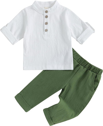 Toddler Baby Boy Clothes Cotton Linen Henley Shirts Button Down Long Sleeve Shirts Casual Pants Set