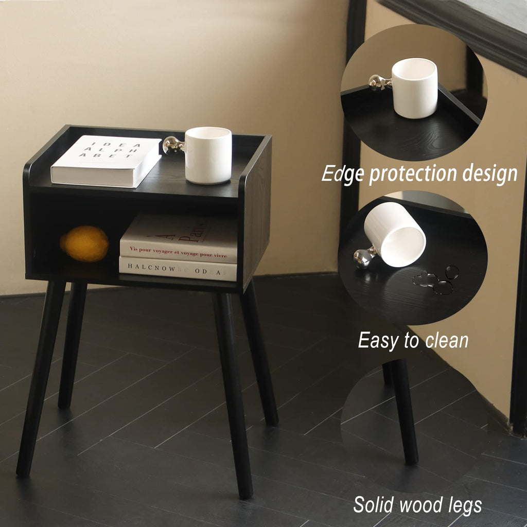 Nightstand, Mid Century Black Side Table Bedroom with Storage